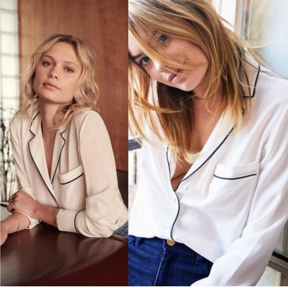 Sezane Cream Blouse with Black Piping